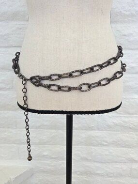 Double Chain Belt Womens Small Dark Silver Pewter Metal Chunky Adjustable